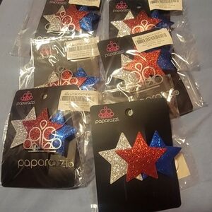 6 Paparazzi Glitter Star Clips in Red, Blue, and Silver